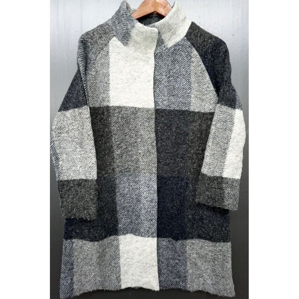 Max Studio Sweater‎ Women M Gray Plaid Wool Blend Long Cardigan Jacket Coat Cozy